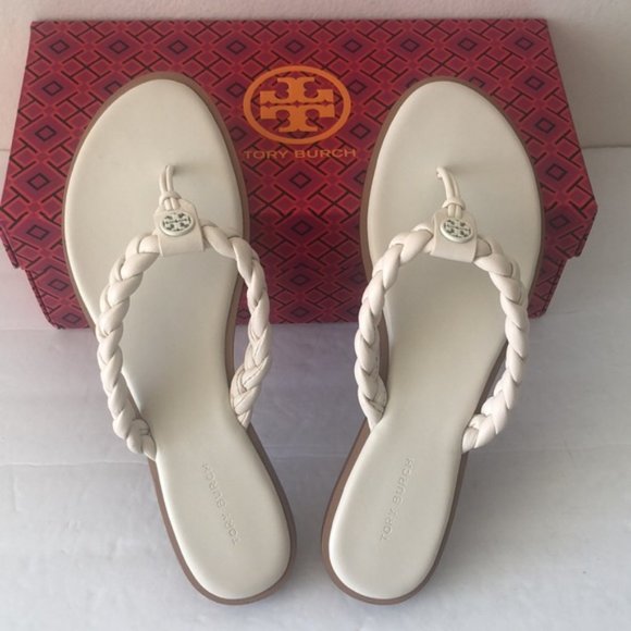 Tory Burch Ivory White Thong Braided Benton Sheep Plume Nappa Leather Sz.9 - Picture 16 of 16